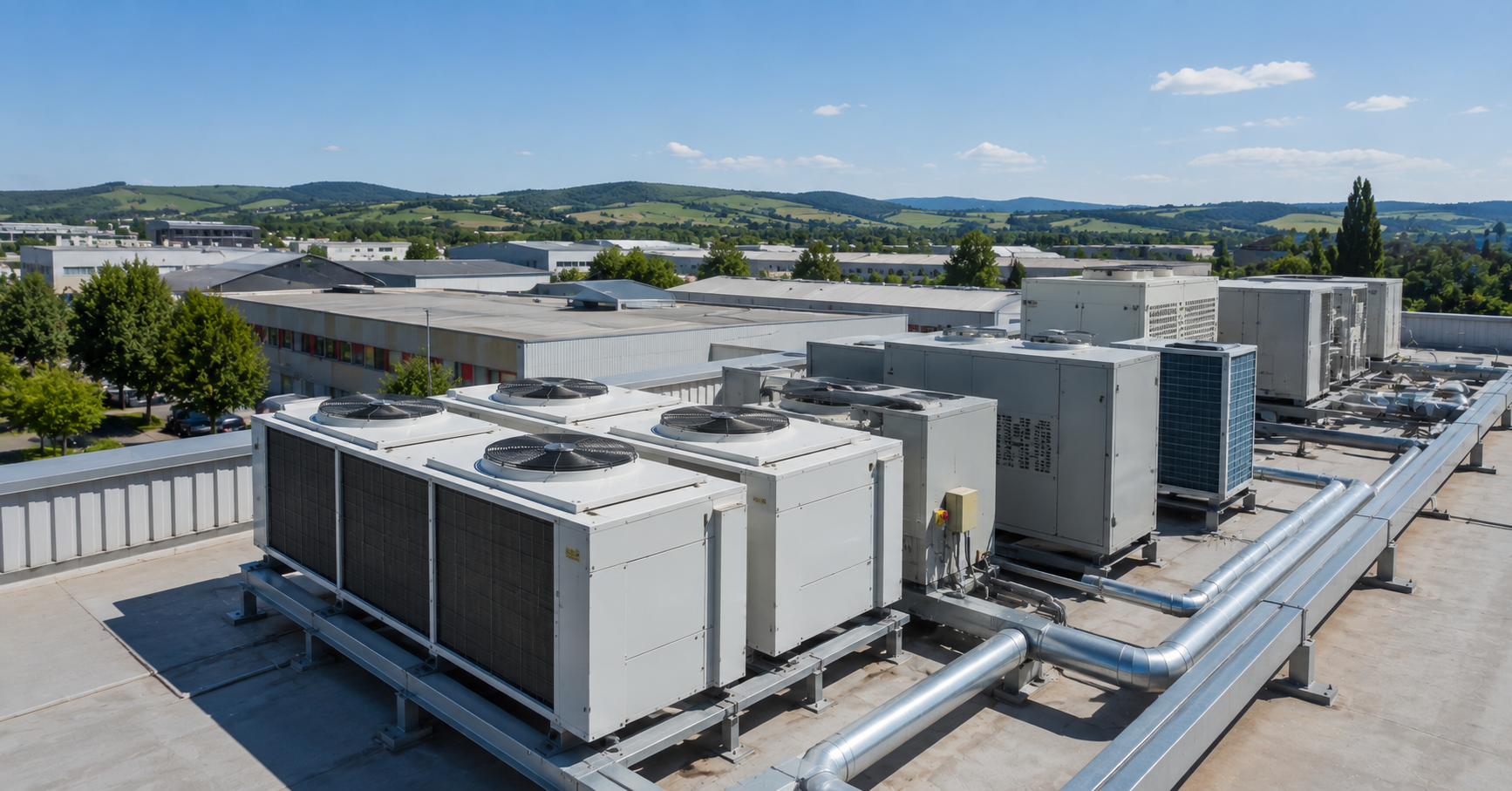 Impianto di climatizzazione industriale su tetto di uno stabilimento. Climatizzazione Commerciale e Industriale: Soluzioni Efficienti | Enertherm Castelfiorentino Firenze